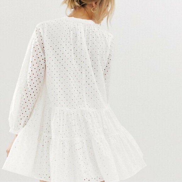 ASOS DESIGN Tiered Trapeze Mini Dress in Broderie White US Size 10 - Picture 2 of 13